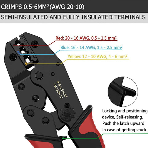 Ratcheting Wire Crimping Tool For Insulated Terminal Connectors, Heavy Duty Crimping Pliers For AWG 22 To 10, color-coded markings