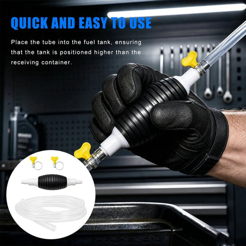 No Drama Manual Liquid Siphon Pump With Long Hose And Tough Clamps Portable Hand Squeeze Gasoline And Oil Transfer Tool in use