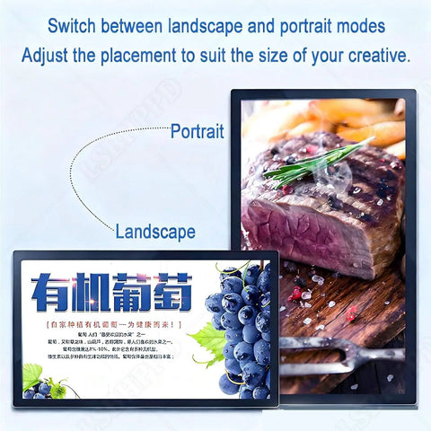 Slick 27 Inch Digital Menu Board With Led Backlit Display And Hd Video Player For Restaurants showing landscape and portrait modes.