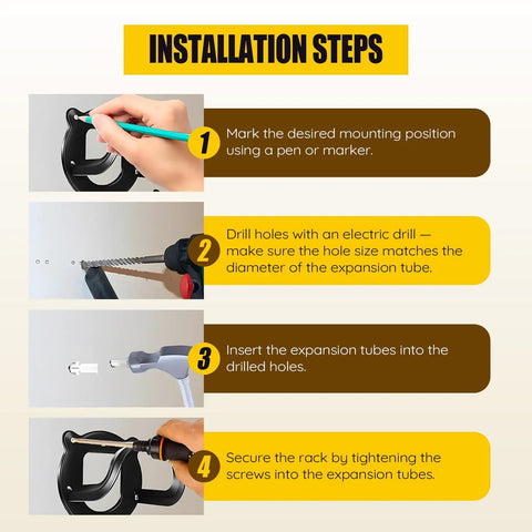 Four-step guide to installing Six Pack Horse Bridle Rack Hooks Kit Heavy Duty Metal Halter Hanger with Tubes and Screws shown.