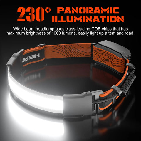 Two Pack Rechargeable Headlamp With 1000 Lumens And 230 Degree Wide Beam Red Taillight Three Modes Lightweight Waterproof LED Head Light For Running Cycling Camping And Nighttime Outdoor Adventures with glowing 230° beam