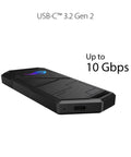 Strix Arion Aluminum M.2 NVMe External Enclosure for USB 3.2 Gen 2 Type-C 10Gbps, angled view showing USB-C port and speed text.