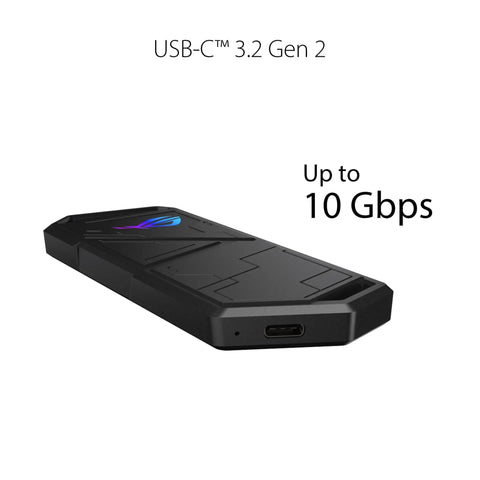 Strix Arion Aluminum M.2 NVMe External Enclosure for USB 3.2 Gen 2 Type-C 10Gbps, angled view showing USB-C port and speed text.