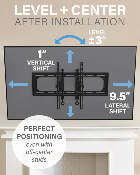 Super Slick Extendable Tilt TV Wall Mount For 42 To 90 Inch Sets Supporting Up To 150 Pounds installation guide showing level adjustments.