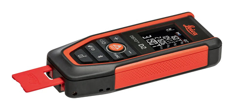 Disto D2R Laser Distance Meter With 490 Ft Range Bluetooth 4.2 NFC Data Transfer To Disto Plan App Smart Horizontal Add Subtract Volume 30 Memory 4 Line Display Intelligent End Piece IP54 Indoor Use Go To Workhorse, red and black handheld unit with extended end piece