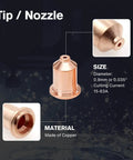Copper nozzle from Drag-Cut Shield Consumables Set, 9-Piece Kit for LTP6300D and LTP6300DCNC Plasma Cutters, size 0.9mm diameter.