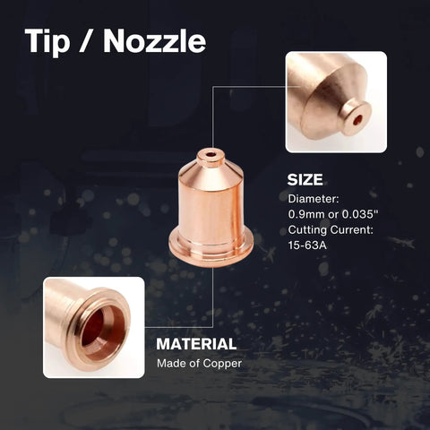Copper nozzle from Drag-Cut Shield Consumables Set, 9-Piece Kit for LTP6300D and LTP6300DCNC Plasma Cutters, size 0.9mm diameter.