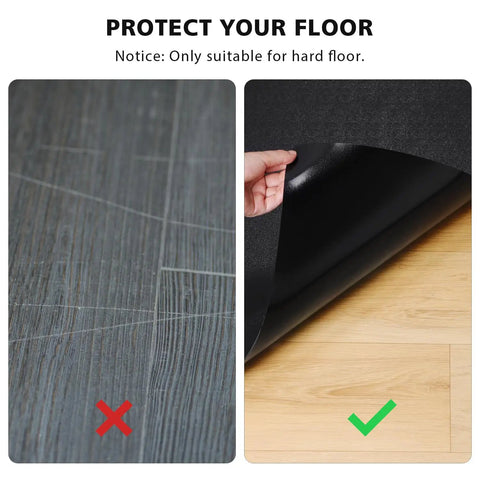 Waterproof Vinyl Floor Mat Area Rug Protector For Under Dining Table, Durable Plastic Rug rolled back to show black vinyl surface
