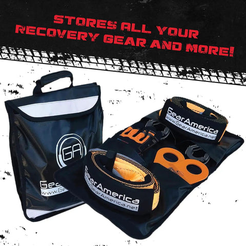 9 Ton Off Road Recovery Kit with tow strap, tree saver, snatch block, and bag displayed for 4x4 Black Trail Ready use