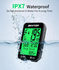 GPS Bike Computer With Wireless Cycling Data, 2.4 Inch LCD Speedometer, shown with IPX7 Waterproof feature in water splash