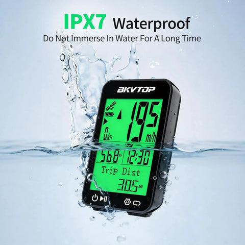 GPS Bike Computer With Wireless Cycling Data, 2.4 Inch LCD Speedometer, shown with IPX7 Waterproof feature in water splash