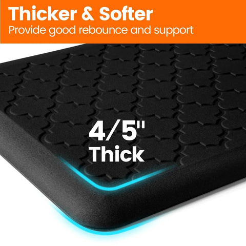 Close-up of Ultra Thick Anti Fatigue Kitchen Mat 0.8 Inch Memory Foam Cushion, 4/5 inch thick, non-slip black ergonomic floor mat.