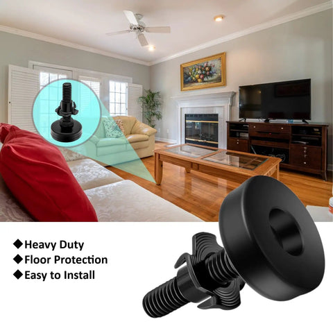 Heavy Duty Adjustable Leveling Feet 4 Pack with Three Eighths Inch 16 UNC Threads for furniture in a living room setting.