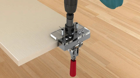 Cross Dowel Jig For Woodworking, DIY Friendly Builds, Adjustable Self Centering Drill Bit clamped on a wooden panel