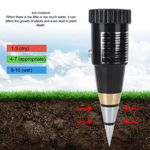 Compact Soil and PH Meter with high sensitivity alloy probe for accurate PH and humidity readings, ideal for outdoor use.