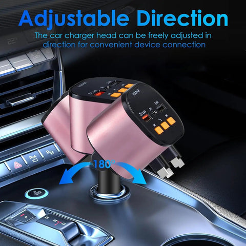 5 In 1 Ride Ready Retractable Car Charger With 90W Heavy Hitter Fast Charge and Bluetooth 5 3 FM Transmitter, adjustable design shown.