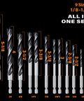 Front view of brad point wood drill bit set, 12 PC, 1/8 to 1/2 inch hex shank with double flute design, lined up by size.