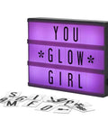 Cinema Lightbox Letter Board 12x9 Inch With 100 Letters, Numbers And Symbols, White LED RGB Lit Neon Glow with message 'YOU GLOW GIRL'