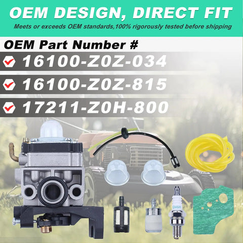 Front view of Honda 9 In 1 Carburetor Kit With Gasket Fuel Filter Air Filter Spark Plug And Primer Bulb Replacement Parts