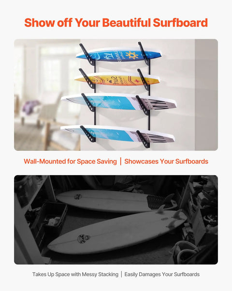 Badass 4 Tier Horizontal Surfboard Wall Mount Rack Adjustable Height Metal Organizer To Store And Display Your Rad Kitesurf Boards Skis Snowboards And Skateboards For Garage Wall Space Saving Setup with three surfboards.
