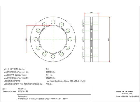 Tough As Nails Heavy Duty Steel Shrink Disc Keyless Locking Clamp For Power Shaft Setup 140 Mm Bore dimensions and specifications.