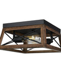 Industrial Flush Mount Ceiling Light With Two Metal Fixtures, Vintage Farmhouse Style, X frame, wood grain, silver grey finish