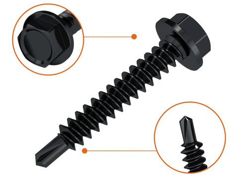 Self Tapping Screws For Metal Assortment Pack With Driver 180 Pieces Black Oxide 410 Stainless Steel Diameter No 8 Length One Half To One And One Quarter Inches DIY Friendly Must Have For Wood Fiberglass And Metal No Pre Drill Needed, detailed view showing screw head and tip