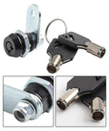Close-up of 17mm zinc alloy tubular cam lock with two keys included, 90 degree turn, for cabinets, drawers, mailboxes, toolboxes, and lockers.