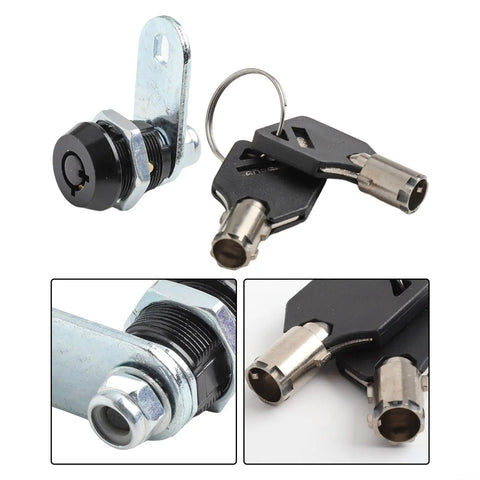 Close-up of 17mm zinc alloy tubular cam lock with two keys included, 90 degree turn, for cabinets, drawers, mailboxes, toolboxes, and lockers.