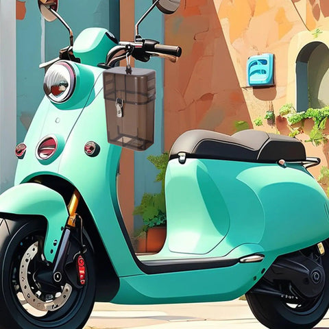 Built Tough Weatherproof Connector Box For Outdoor EV Chargers draped on turquoise scooter handle.