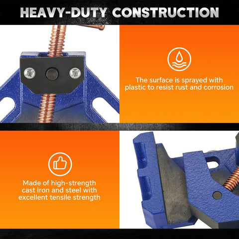 Image showing the heavy-duty construction of a Two Pack Cast Iron Welders Angle Clamp Set For Heavy Duty Two Axis 90 Degree Right Angle Welding Clamp Self Centering Jig Fixture For Woodworking Miter Clamp Projects, highlighting its cast iron and steel materials.