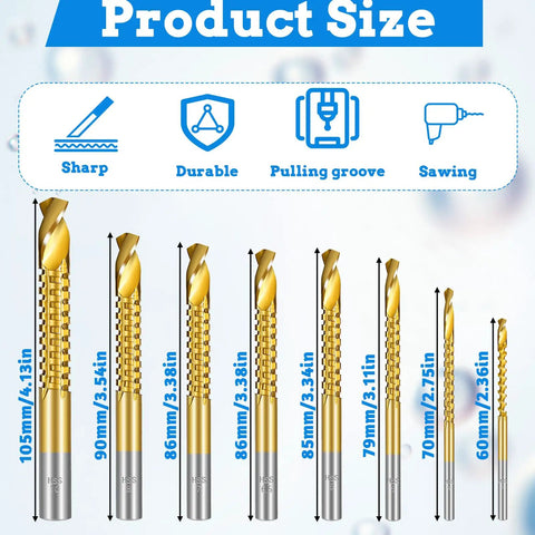 Eight Piece Titanium Coated HSS Twist Drill Bits Set With Hex Shank 3mm To 10mm Serrated Cutting For Metal Wood And Plastic