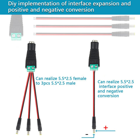 5.5*2.5 interface conversion cables with connectors showcased in DIY setup for 72W Adjustable AC to DC Power Supply Universal Adapter.