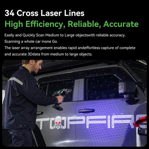 Person using RaptorX Handheld 3D Scanner With Wireless Connectivity, Metrology Grade 0.02mm Accuracy, Industrial Blue Light on car