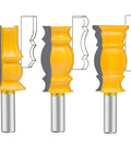 Three-piece crown molding router bit set with 1/2 inch shank and carbide blades, designed for woodworking edge forming and corner rounding.