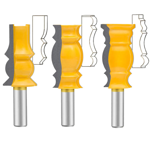 Three-piece crown molding router bit set with 1/2 inch shank and carbide blades, designed for woodworking edge forming and corner rounding.