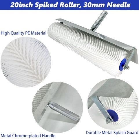 Close-up of a 20-inch spiked roller with chrome-plated handle showcasing high-quality PE material and metal splash guard.