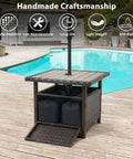 All Weather Outdoor Umbrella Stand Table With Two Weight Bags 22 Inch Wicker Side Table With Umbrella Hole by the poolside