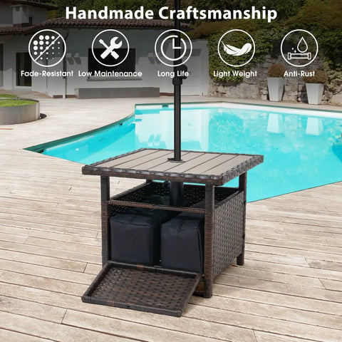 All Weather Outdoor Umbrella Stand Table With Two Weight Bags 22 Inch Wicker Side Table With Umbrella Hole by the poolside