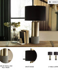 Modern Metal Table Lamp Set With Drum Shades 3 Way Switch Gray And Brass Finish Poly Resin Base on wooden table