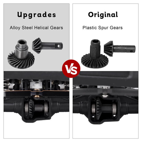 Steel 12T And 24T Pinion Gear And Differential Helical Gear Set For Front And Rear Axles Beefed Up For TRX4M Bronco Defender K10 F150 One Eighteen RC Crawler versus original plastic spur gears comparison