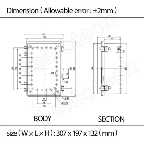 Dimensions diagram of Built Tough IP67 Waterproof Junction Box with Heavy Duty Hinged Lid, ABS Plastic, size 11.8 x 7.7 x 5.2 inches.