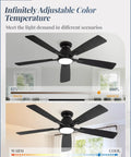 Smart Flush Mount 52 Inch Ceiling Fan With Lights Remote App Wall Switch Control 6 Speed Whisper Quiet Reversible Motor Dimmable 3CCT 20W LED Low Profile Black Finish For Bedroom Living Room Kitchen, showcasing adjustable color temperature from 3000K to 6000K in different lighting scenarios.