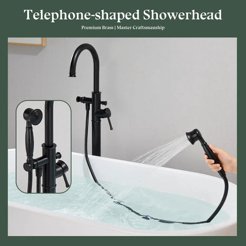Premium Floor Mount Bathtub Faucet With Removable Sprayer, High Flow Roman Tub Filler Crafted From Solid Brass, Sleek Matte Black Finish That Hits Different To Level Up Your Bathroom Vibe Game