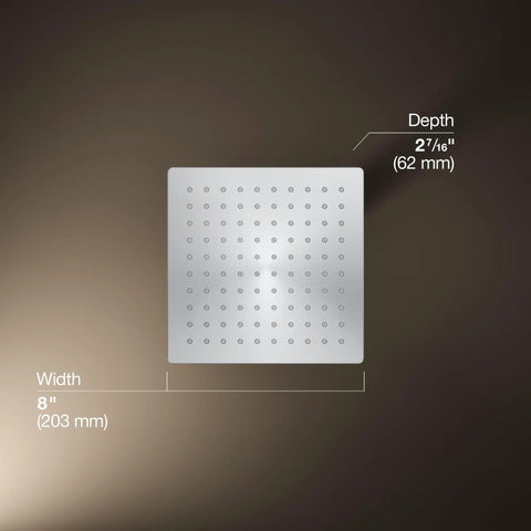 Top view of the Honesty Square Rain Shower Head 8 Inch, 2.5 GPM Wide Coverage, showing dimensions and polished chrome finish.