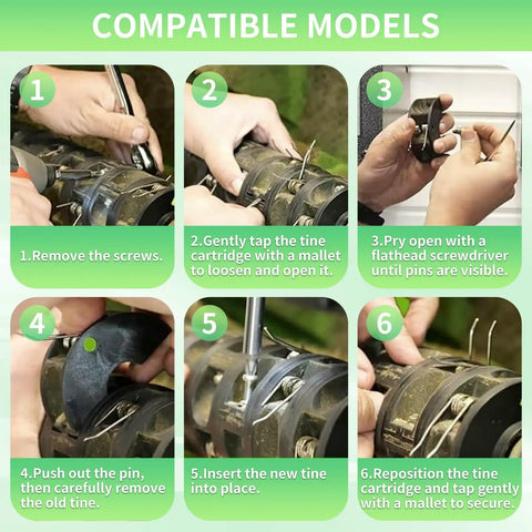 Step-by-step image guide for 36 Pack Dethatcher Tines Replacement For Greenworks 27022 And 2500600G 14 Inch Corded Dethatcher Pro Grade Steel Scarifier Rake Tines Lawn Equipment Set installation on lawn equipment.