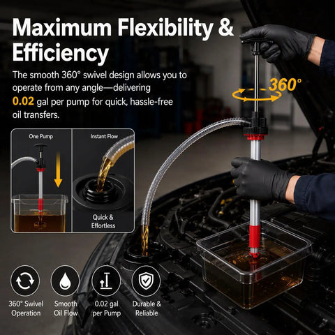 Heavy Duty Manual Push Oil Pump Hand Crank Gear Transfer Dispenser For 5 Gallon Drums And Heavy Steel Pails No Sweat Engine Oil Liquid Extraction With 47 Inch Hose in use with 360° swivel and efficient oil flow.