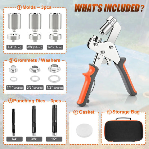 Pro Grade Complete Three Size Grommet Tool Kit with 1/4, 3/8, 1/2 inch dies and 600 silver eyelets with pliers and storage bag
