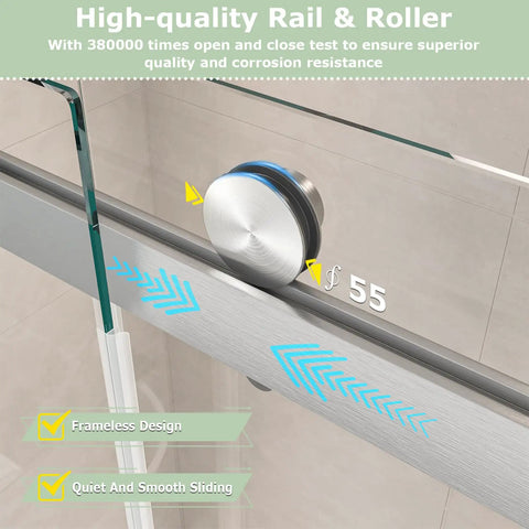 Heavy Duty Frameless Double Bypass Sliding Shower Door 55 To 60 Inches Wide By 76 Inches Tall with brushed nickel roller and track.