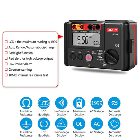 Insulation Resistance Megohmmeter 1000V Tester With 0-5 Gohm Range And Backlit 2000 Count LCD, Measures Up To 1000 Mohm At 750V, High Voltage Electrical Tester Compatible With Standard Banana Leads